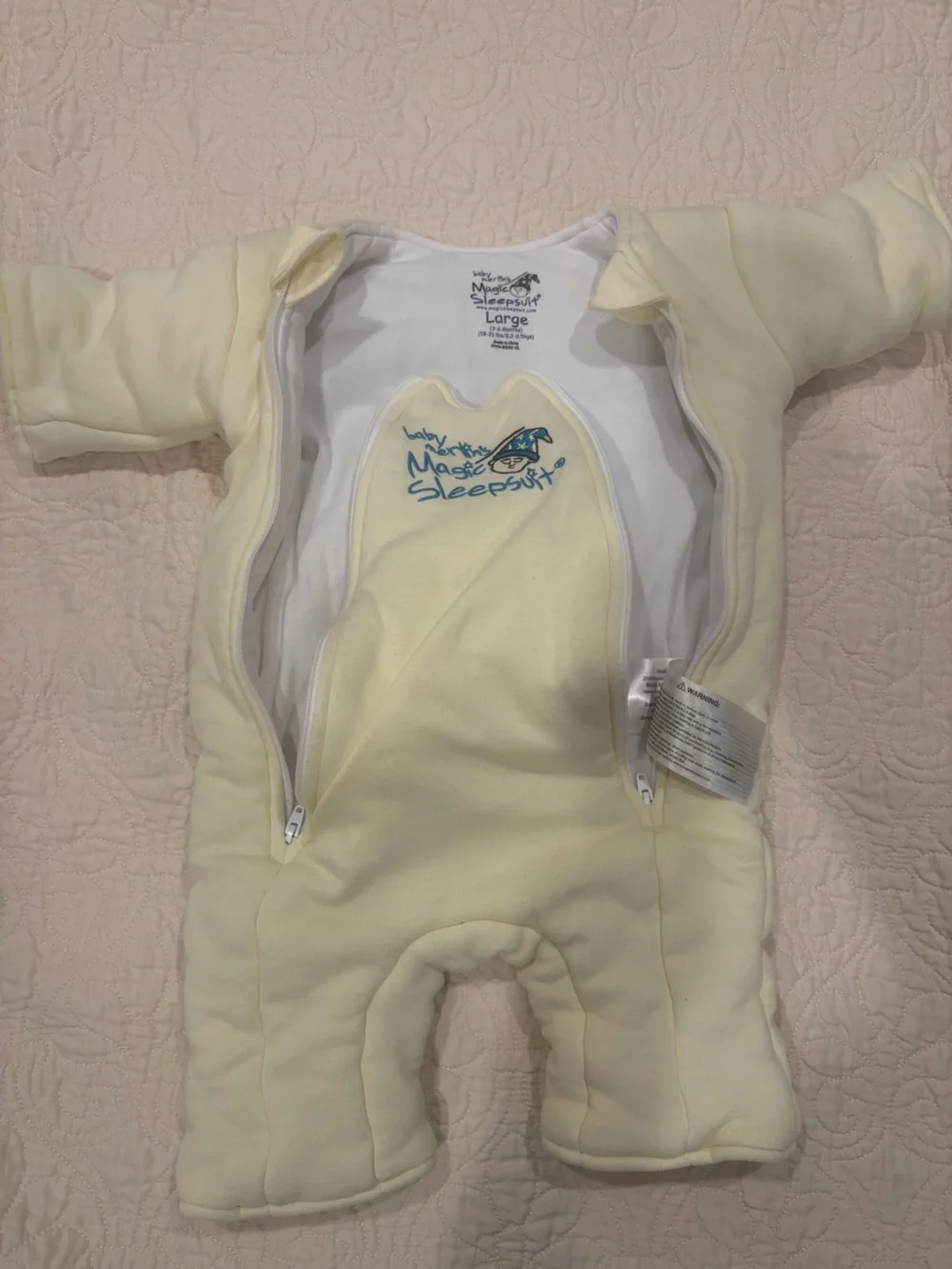 Baby Magic Sleepsuit Large - White & Cream with Blue Embroidery